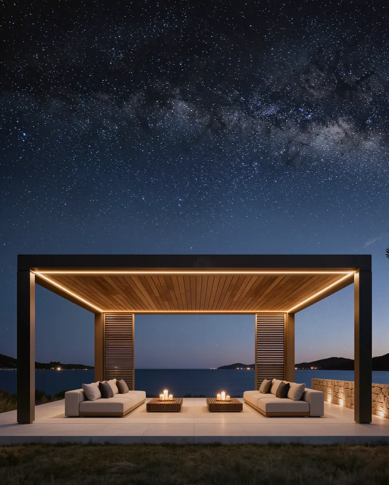 Gece, deniz kıyısında ışıkları yanan antrasit bioklimatik pergola